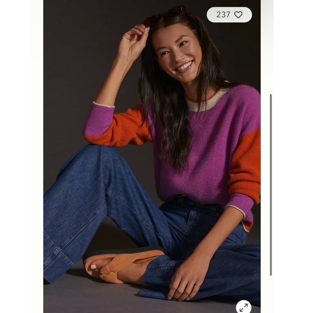 Maeve Womens 100% Cashmere Sweater XL Purple Colorblock Crewneck Preppy Cozy